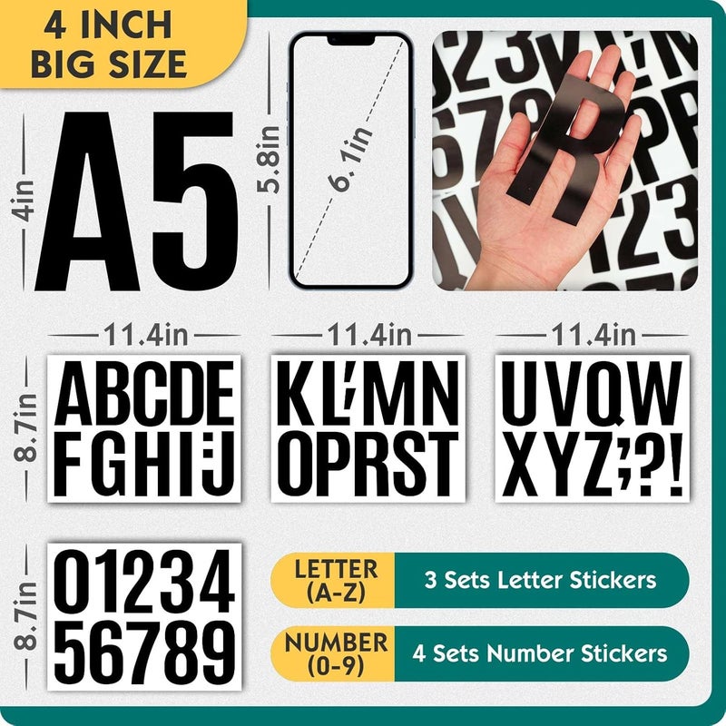 Seloom 13 Sheets Alphabet Stickers,4 Inch Large Vinyl Letter Number Stickers Self Adhesive,Waterproof Numbers Alphabet Letters Labels for DIY Crafts,Mailbox,Notebook,Door,Water Bottles,Car(Black) - Image 2